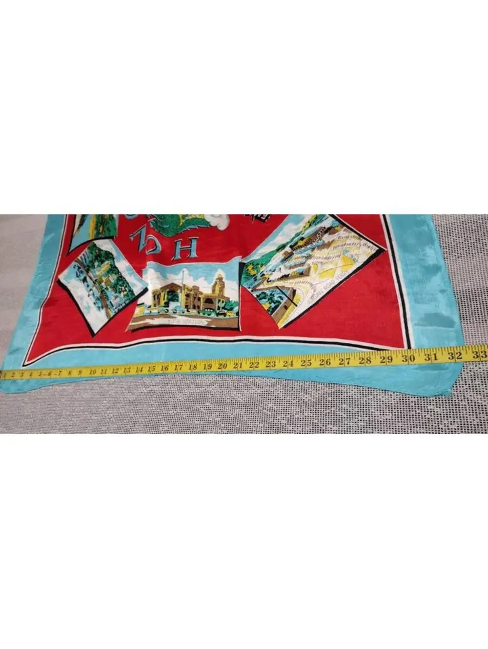 Vintage 1940s 50s Green Dragon Scarf HONG KONG Bably Blue Chinese Red Landscapes